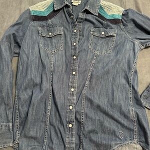 Western Ariat Denim Pearl Snap Shirt with Colorful Shoulder Accents